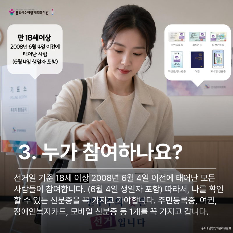 3. 누가 참여하나요?선거일 기준 18세 이상 2008년 6월 4일 이전에 태어난 모든  사람들이 참여합니다. (6월 4일 생일자 포함) 따라서, 나를 확인할 수 있는 신분증을 꼭 가지고 가야합니다. 주민등록증, 여권, 장애인복지카드, 모바일 신분증 등 1개를 꼭 가지고 갑니다.