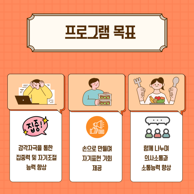 프로그램 목표 1. 집중력 향상 2. 자기표현 기회제공 3. 의사소통과 소통능력 향상