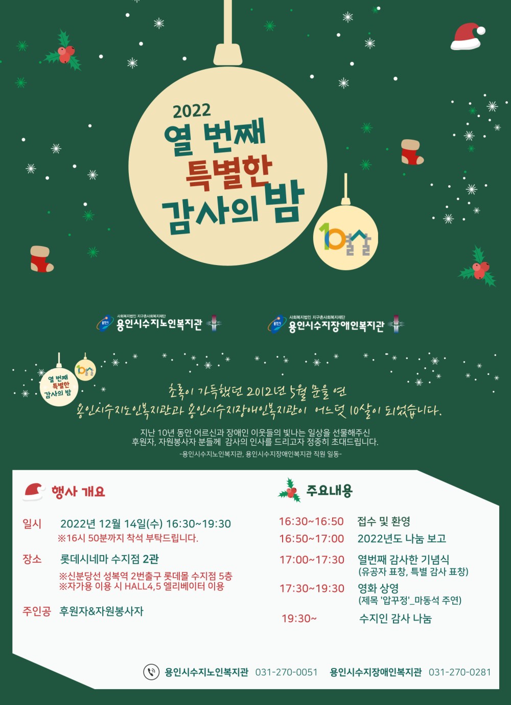 이미지 새창으로 크게보기 2022 열 번째 특별한 감사의 밤 / 사회복지법인 지구촌사회복지재단 용인시수지노인복지관, 사회복지법인 지구촌사회복지재단 용인시수지장애인복지관 / 초록이 가득했던 2012년 5월 문을 연 용인시수지노인복지관과 용인시수지장애인복지관이 어느덧 10살이 되었습니다. 지난 10년 동안 어르신과 장애인 이웃들의 빛나는 일상을 선물해주신 후원자, 자원봉사자 분들께 감사의 인사를 드리고자 정중히 초대드립니다. -용인시수지노인복지관, 용인시수지장애인복지관 직원 일동- / 행사개요 일시 : 2022년 12월 14일(수) 16:30~19:30 ※16시 50분까지 착석 부탁드립니다. 장소 : 롯데시네마 수지점 2관 ※신분당선 성복역 2번출구 롯데몰 수지점 5층 ※자가용 이용 시 HALL4, 5엘리베이터 이용 주인공 : 후원자, 자원봉사자 주요내용 : 16:30~16:50 접수 및 환영 16:50~17:00 2022년도 나눔 보고 17:00~17:30 열번째 감사한 기념식(유공자 표창, 특별 감사 표창) 17:30~19:30 영화 상영(제목 '압꾸정'_마동석 주연) 19:30~ 수지인 감사 나눔 / 용인시수지노인복지관 031-270-0051, 용인시수지장애인복지관 031-270-0281